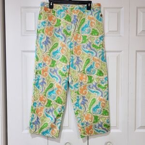 Talbots Women's 14 Green Paisley Straight Leg Beach Summer Cropped Capri Pants
